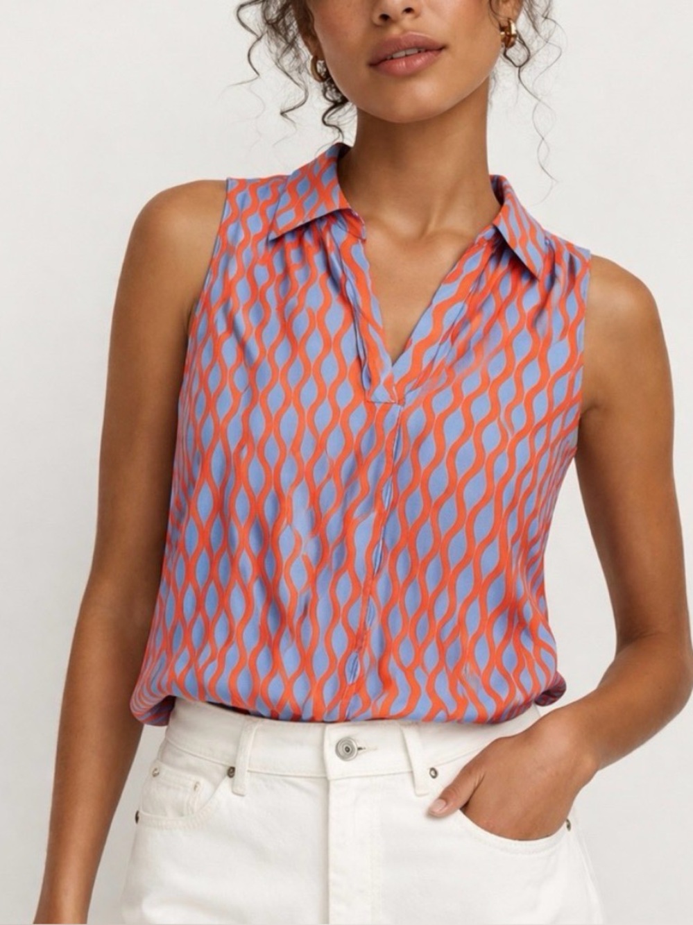 LOFT Wave-Print Sleeveless Blouse, vibrant, geometric pattern blue & coral XL